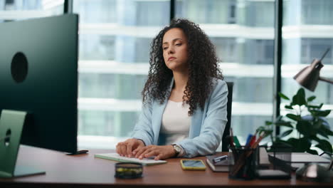 tired woman manager dissatisfied work at desk closeup. overworked girl employee.