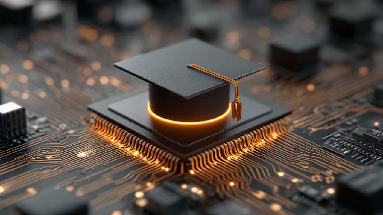 The Fusion of Education and Technology: A Graduation Cap Positioned on a Circuit Board, Symbolizing the Future of Learning and Innovation in the Digital Age