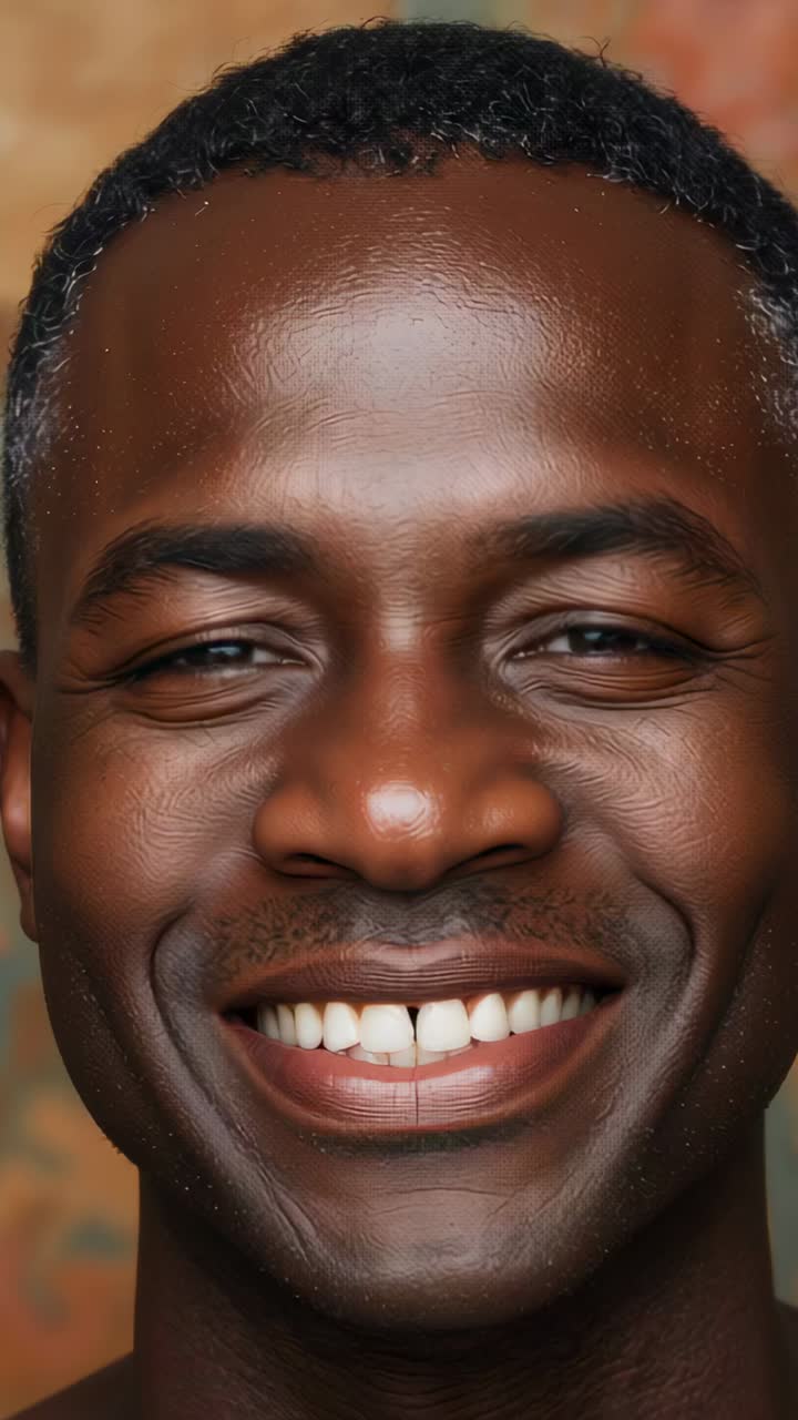 Vertikal video: Smilende mann med et bredt smil i et studioportrett mens kameraet ruller, tenner synlige