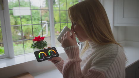 worried woman looking at smart meter in kitchen at home during cost of living energy crisis