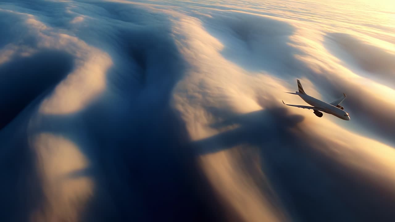 Aerial View of an Airplane Gliding Through Majestic Cloud Waves at Dusk, Capturing the Harmony Between Aviation and Nature's Fluid Patterns in the Sky