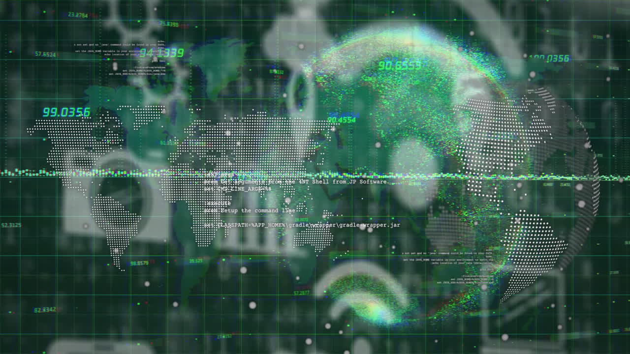 Digital world map and data processing animation over green grid background