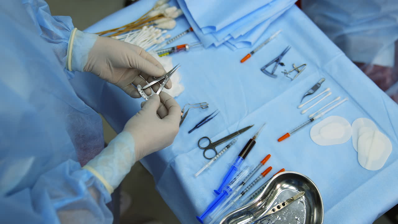 Microsurgical instruments on table. Close up view of surgical tools lying on table
