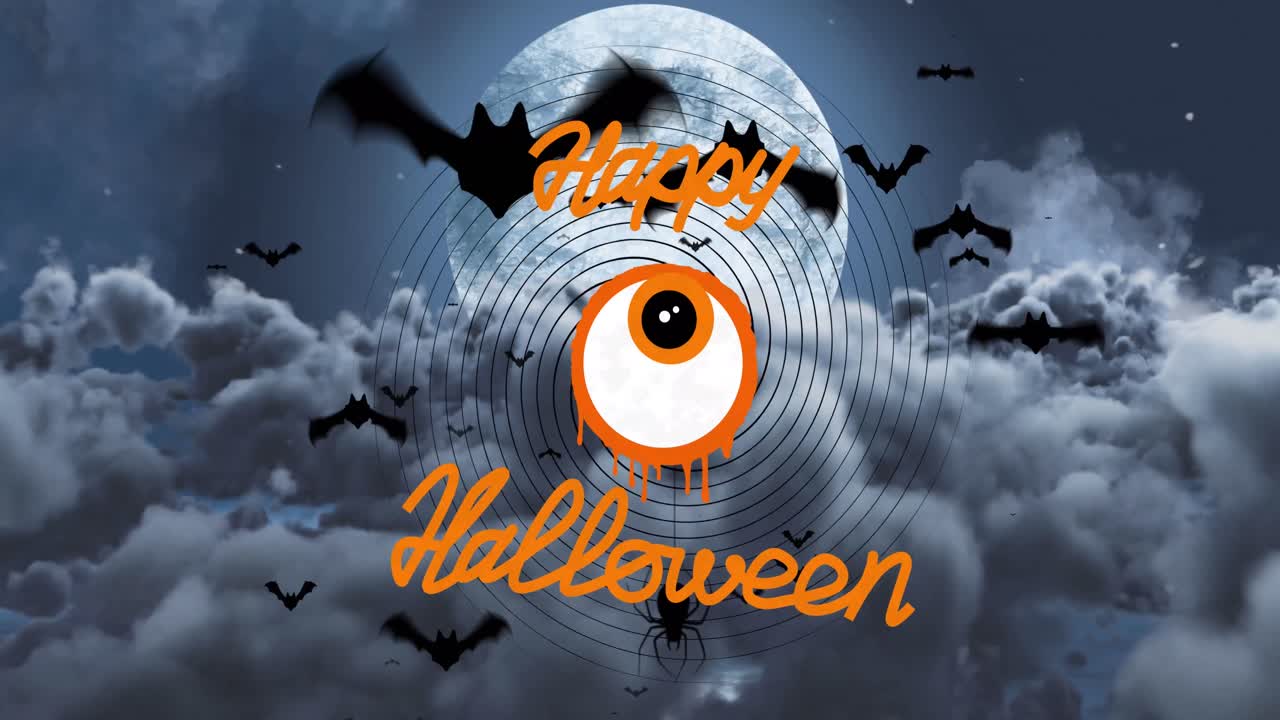 animación de texto feliz de halloween sobre murciélagos voladores y cielo nocturno
