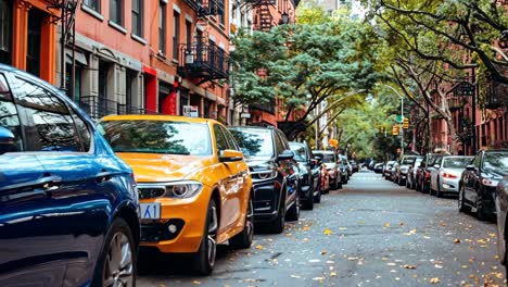 a row of cars parked on the side of a city street