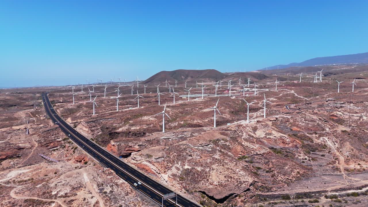 Aerial view of wind turbines in Tenerife under a clear blue sky