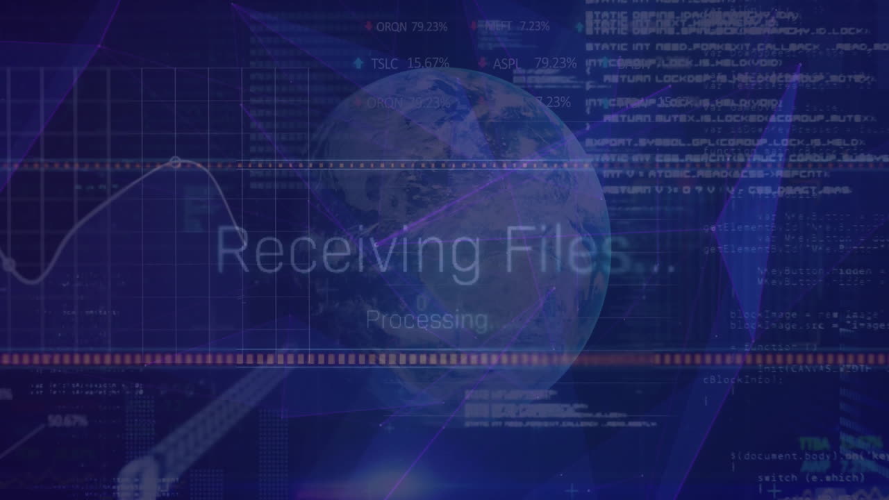 Animation of data processing over globe on dark background