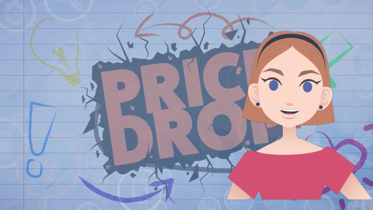 가격 하락 텍스트와 학교 아이콘에 대해 이야기하는 여성의 애니메이션