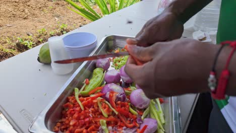 Rustic-vegetable-preparation:-Man-chopping-green-peppers,-onion,-and-tomatoes-with-a-knife-on-a-metal-tray-in-the-field