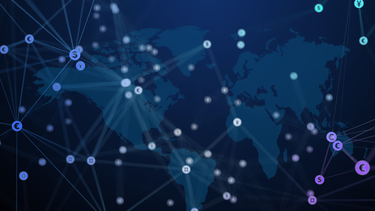 Currency symbols in circles connected by lines move chaotically on dark blue world map background. Looped animation with blurred money coins.