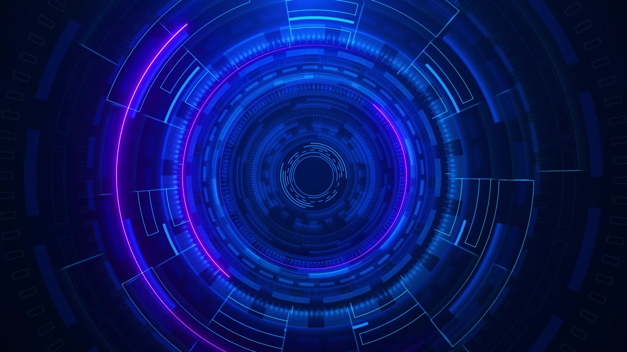 Modré futuristické pozadí s kruhem HUD, zářící kruhy, azurové panely a purpurové neonové akcenty, digitální.
