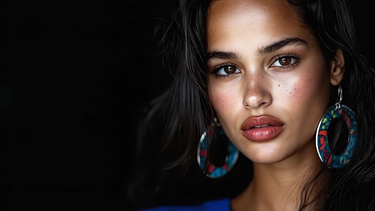 Una donna con i capelli lunghi e neri che indossa un paio di orecchini