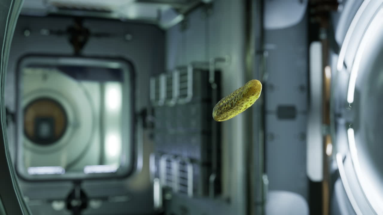 Floating cucumber in a futuristic kitchen setting during meal prep time
