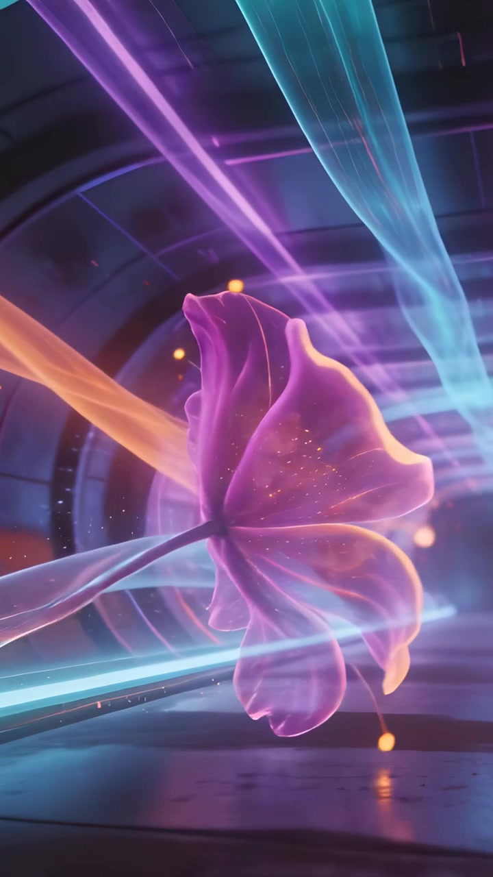 Vertical video: Advancing camera revealing glowing flowers riding tricolor ribbons along metal tube