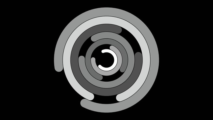 Abstract animation of nested opposite direction rotating greyscale circles on a black background