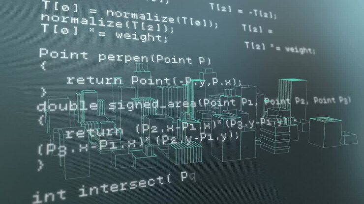 Animation of digital data processing over 3d cityscape spinning