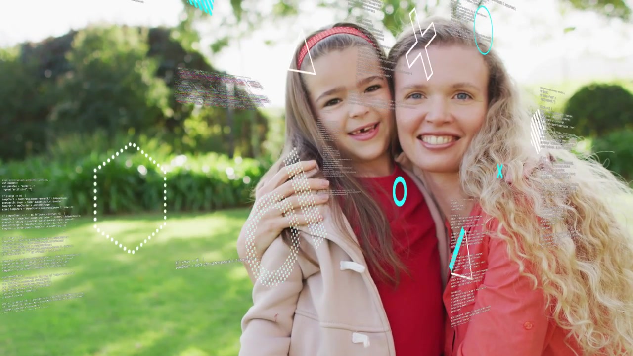 Mother and daughter smiling, hugging on lawn, HUD drifting, settling, initiating focus for tech ads