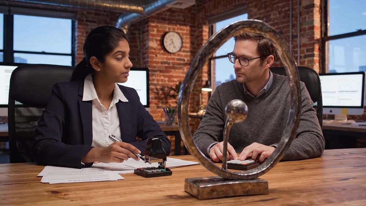 Professional Collaboration Between Two Colleagues in a Modern Office Environment with a Unique Sculptural Centerpiece on Their Table, Engaged in Productive Conversation.