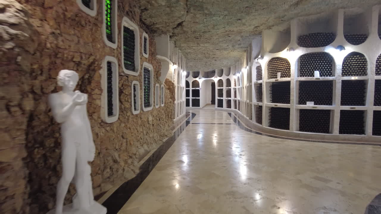 CRICOVA, MOLDOVA - 10 OCTOBER, 2021: Cricova cellars and wine collection rooms gallery with bottles