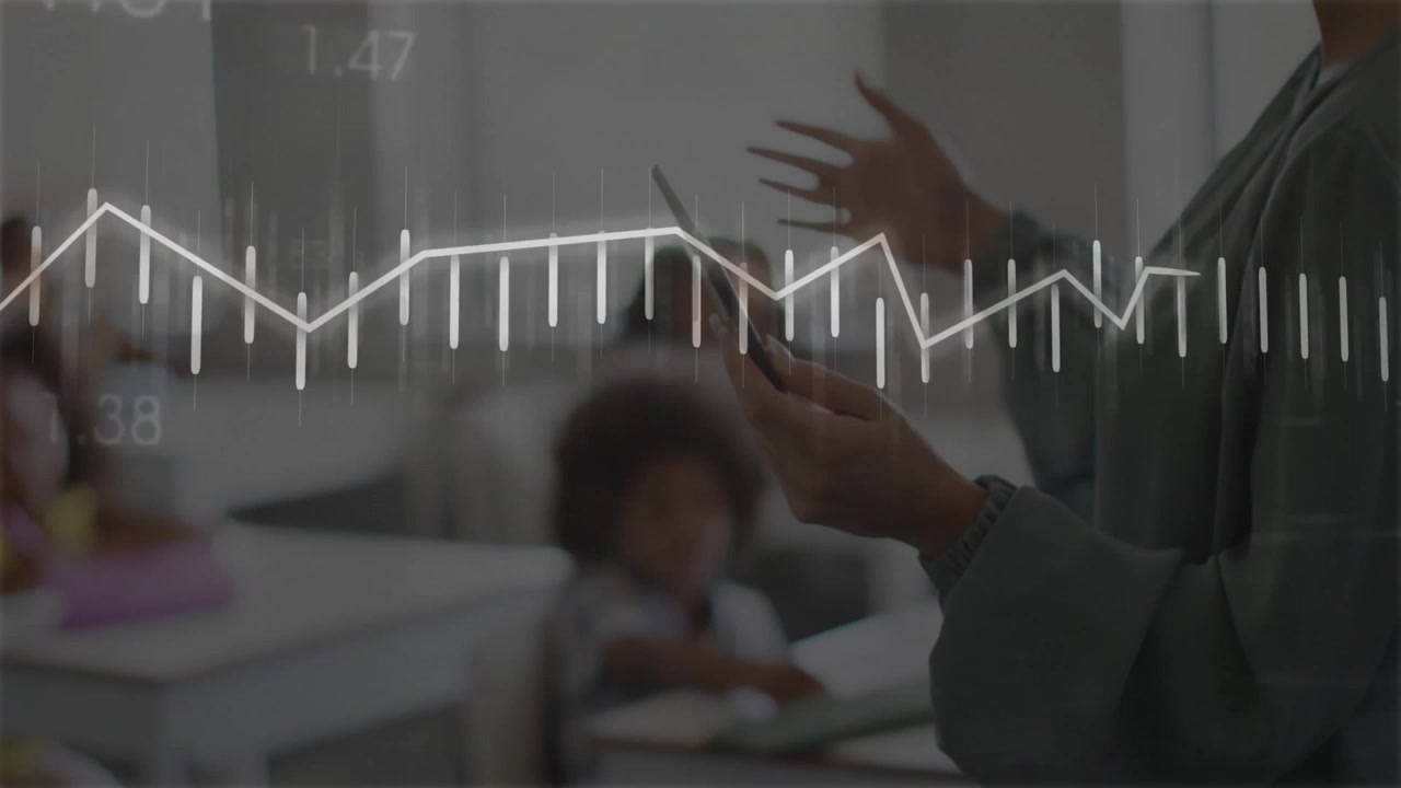 Female teacher holding smartphone and gesturing in classroom, displaying educational audio waveform