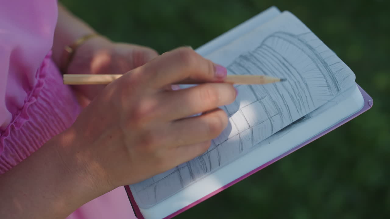 Primo piano di mani che scrivono un diario all'aperto, vestito rosa e matita in movimento, pagina piena di righe scritte a mano, luce solare che picchietta sulla carta, sfondo con erba sfocata, atmosfera intima e riflessiva e delicata