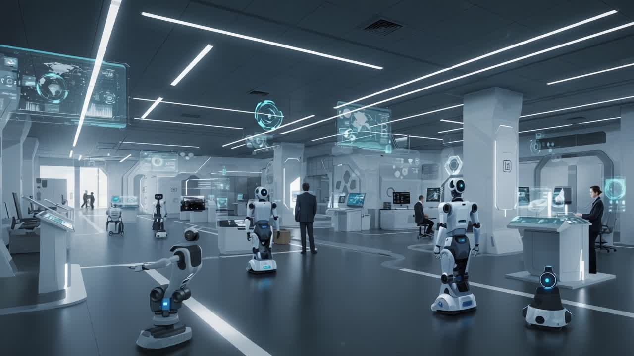 A High-Tech Future: A Spacious Office Environment with Advanced Robotics and Interactive Displays, Featuring a Blend of Workstations and Autonomous Machines