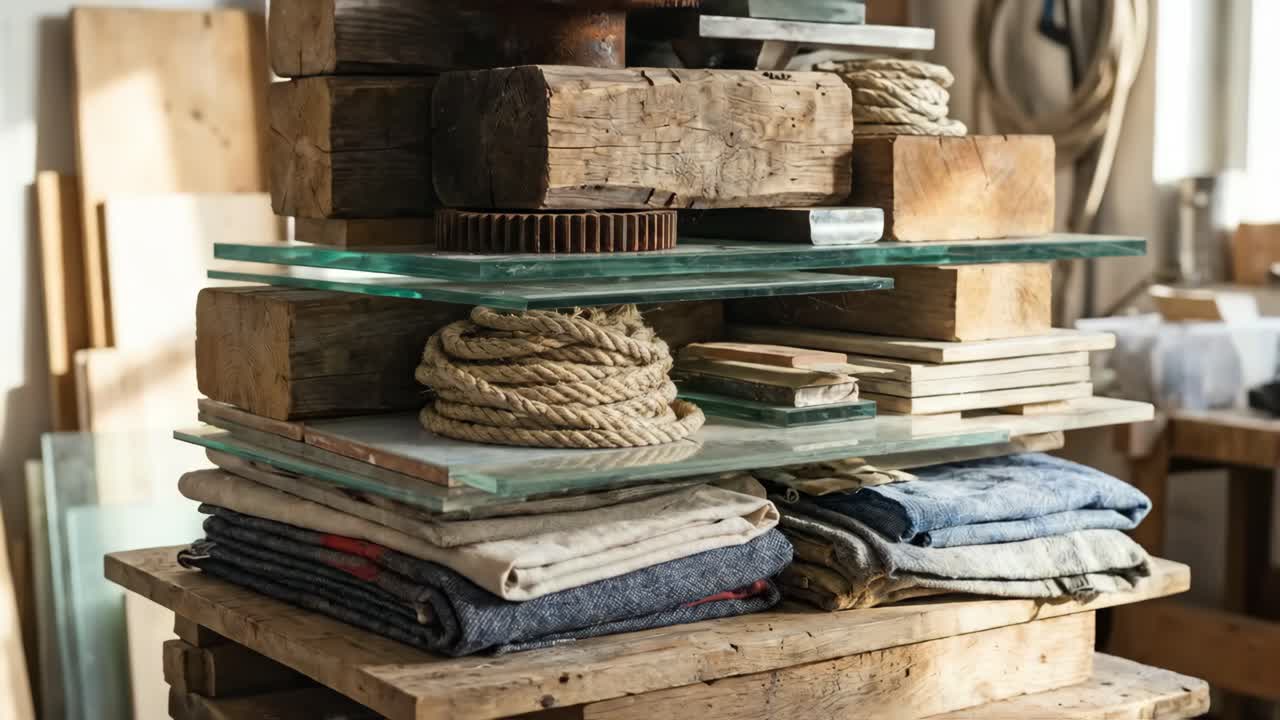 Primo piano di materiali rustici e oggetti industriali su scaffali