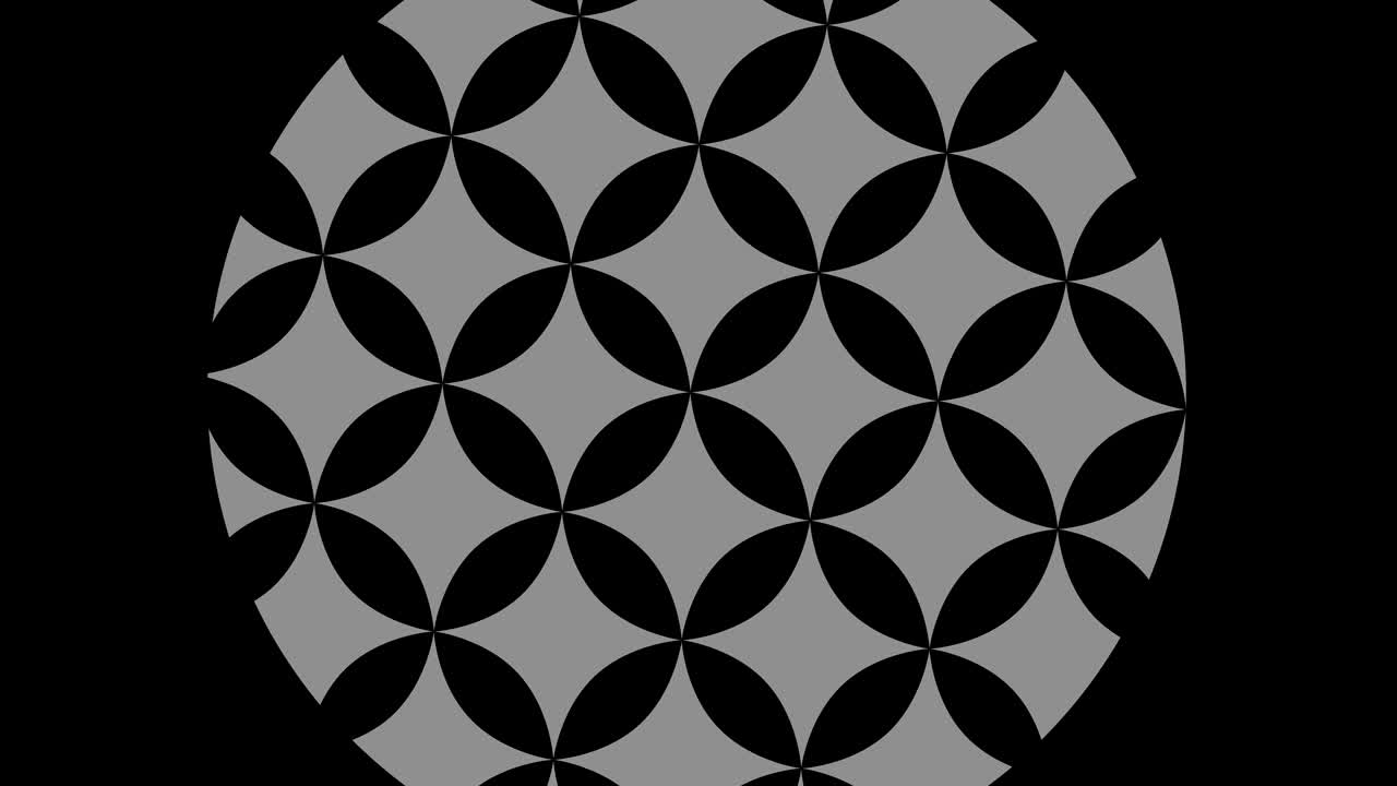 objeto gráfico en blanco y negro con efecto estroboscópico e hipnótico, que gira en el sentido de las agujas del reloj disminuyendo el tamaño de pantalla completa a desaparecer en el centro, en formato de video 16: 9