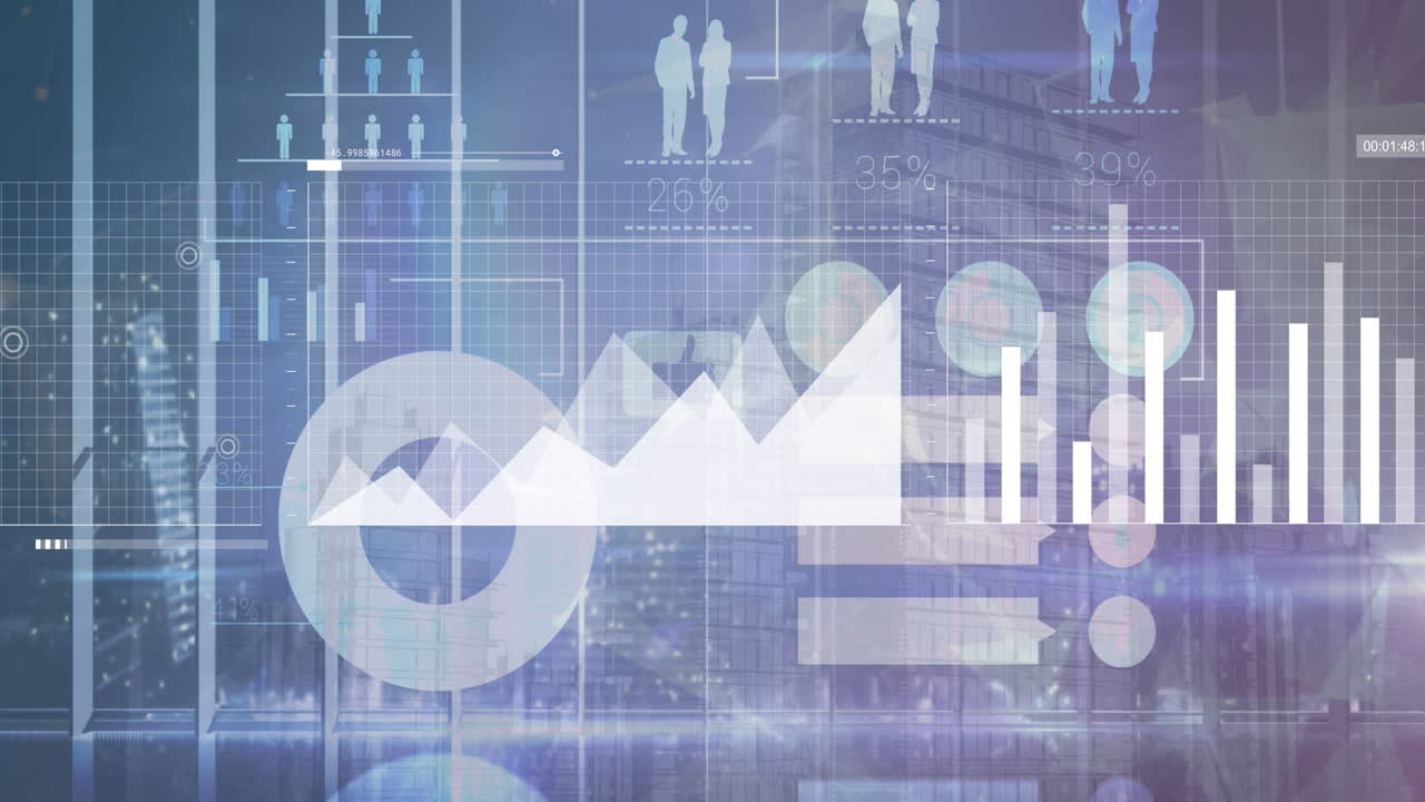 Animation of financial data processing over cityscape