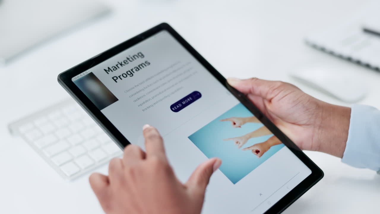 Business person, hands and tablet in affiliate