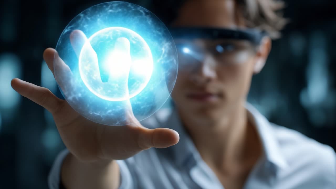 Una visión futurista: Un joven innovador activa una esfera de energía brillante con gafas avanzadas, fusionando tecnología e imaginación en una escena cautivadora.