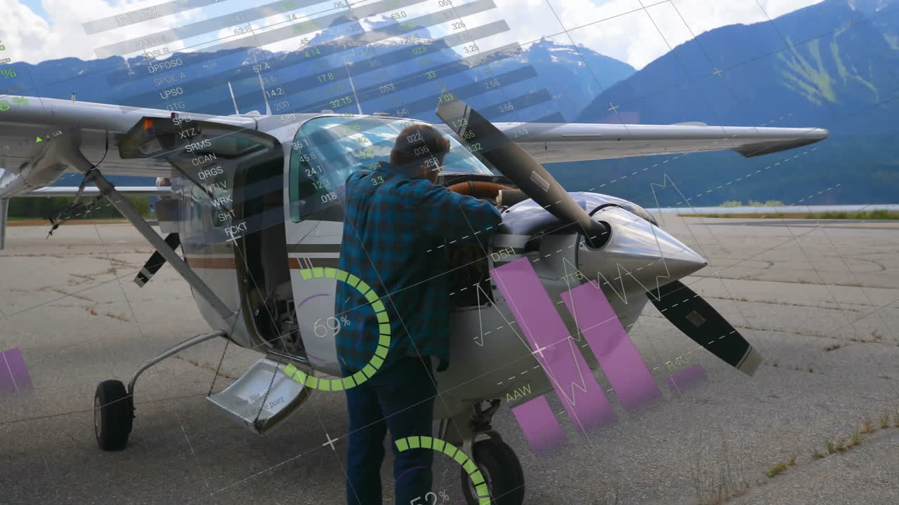 animación del procesamiento de datos financieros sobre el hombre caucásico por avión