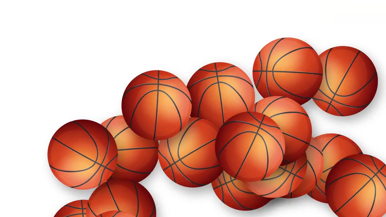 Multiple basketballs bounce and fly across a white background in a high-energy 2D animation.