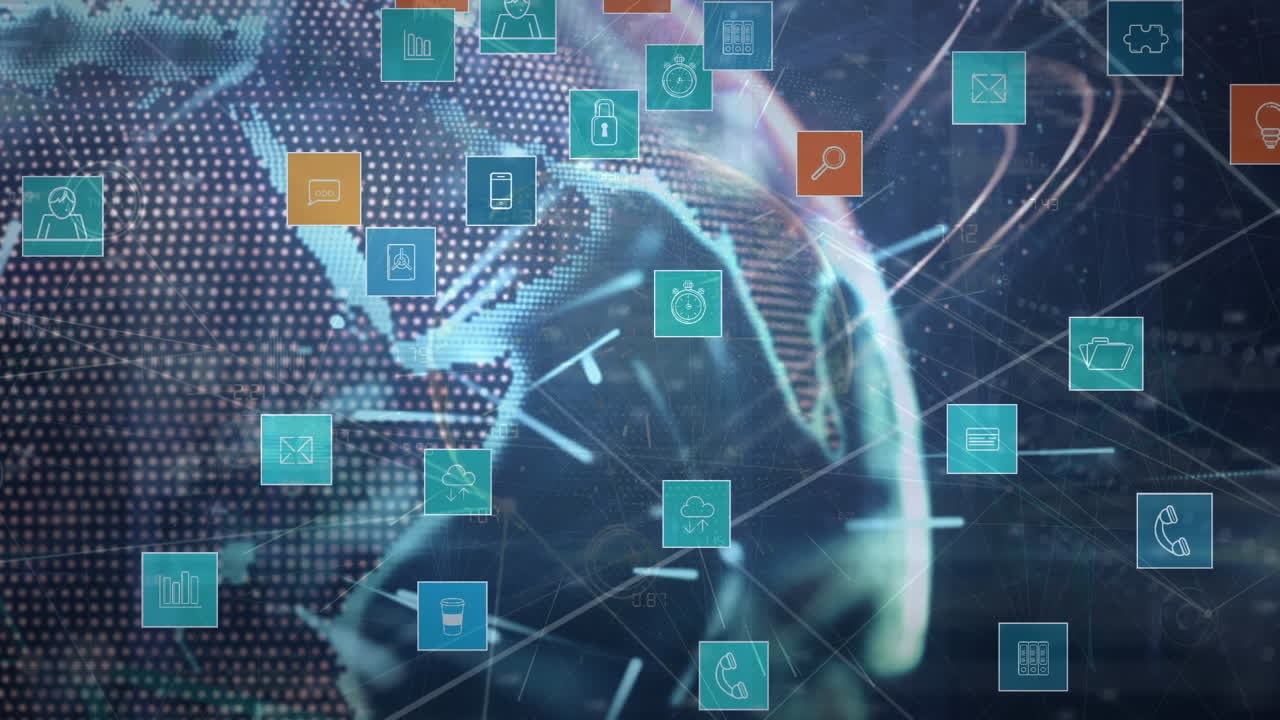 animación de la red de conexiones con iconos y procesamiento de datos en todo el mundo.