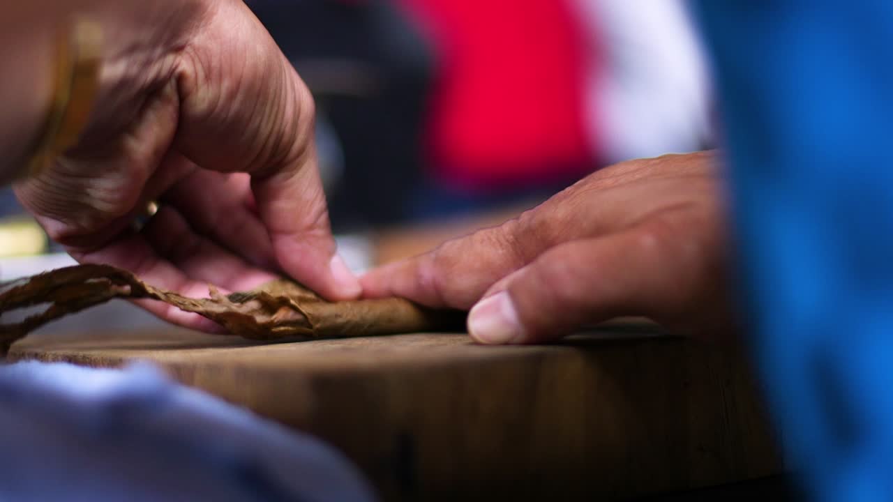 Slow motion shot of aged and wrinkled hands rolling a cigar in the Caribbean