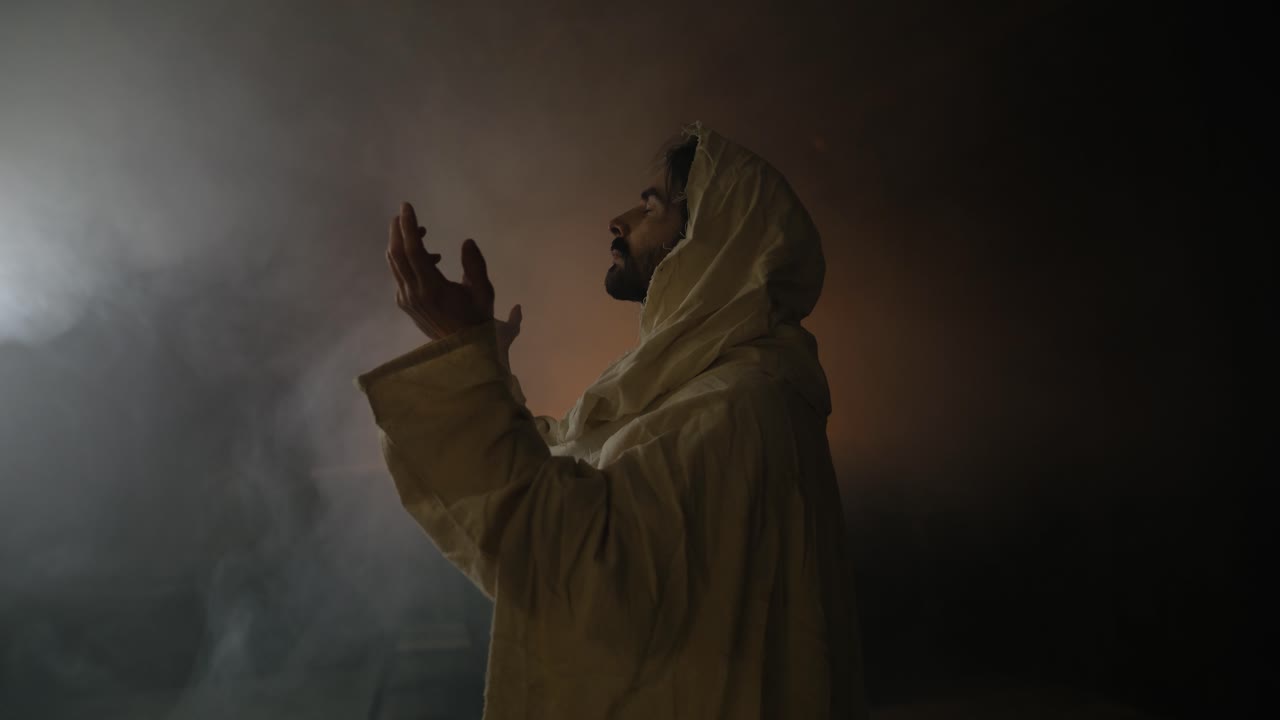 A dramatic and cinematic stock footage of Jesus Christ in Ambient Light Praying for Christianity, church, Easter stock footage