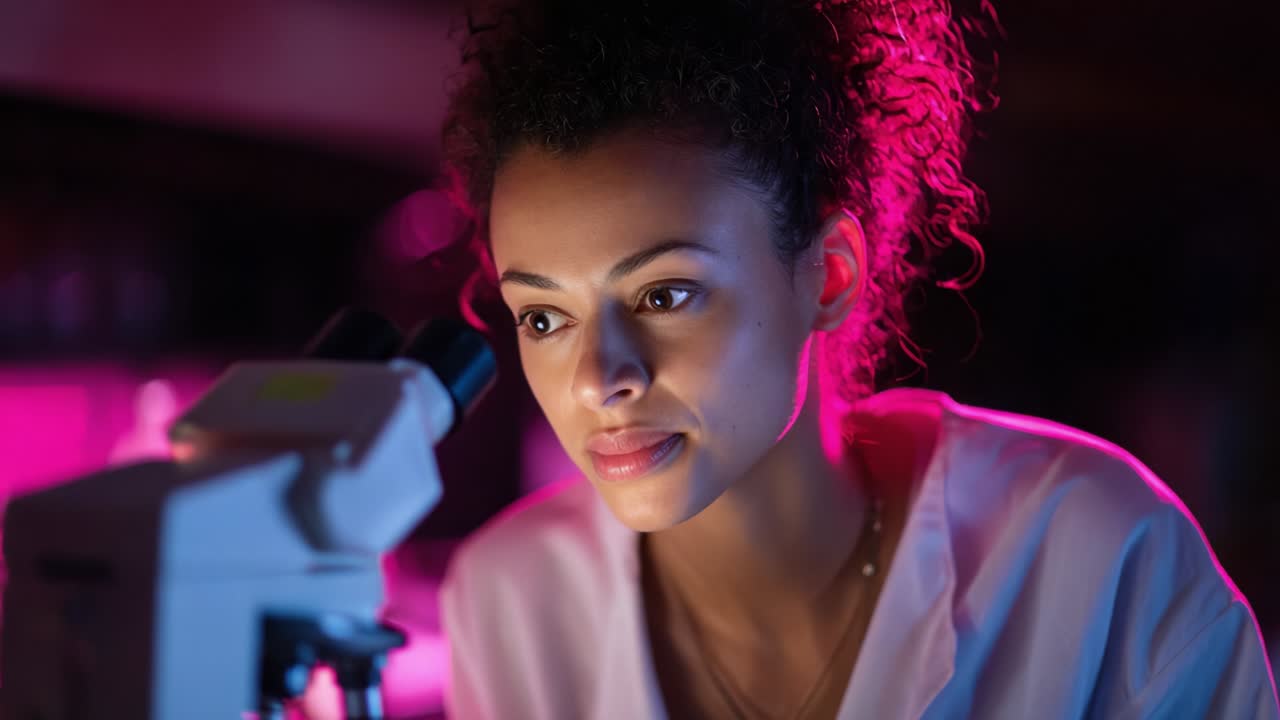 A focused scientist examines samples with a microscope in a dimly lit laboratory, capturing the essence of exploration and discovery in the world of scientific research and innovation while immersed in vibrant colors
