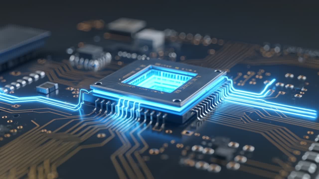 Futuristisk mikrochip på printplade med glødende blå neon-datalinjer og digital processorkraft.