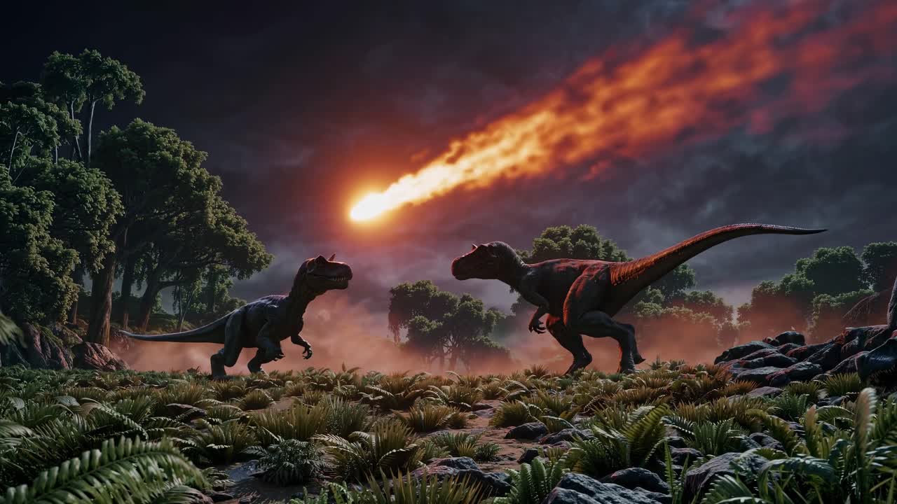 Cinematic video scene of dinosaurs in a prehistoric jungle, captured from a low-angle, with a meteor