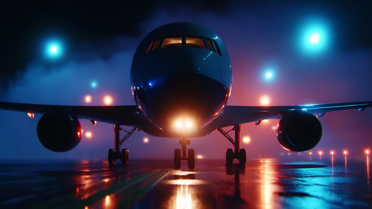 A striking close-up view of a large airplane illuminated by atmospheric lighting, showcasing its powerful stance on the runway as it prepares for takeoff in the night’s dynamic ambiance, reflecting a captivating scene