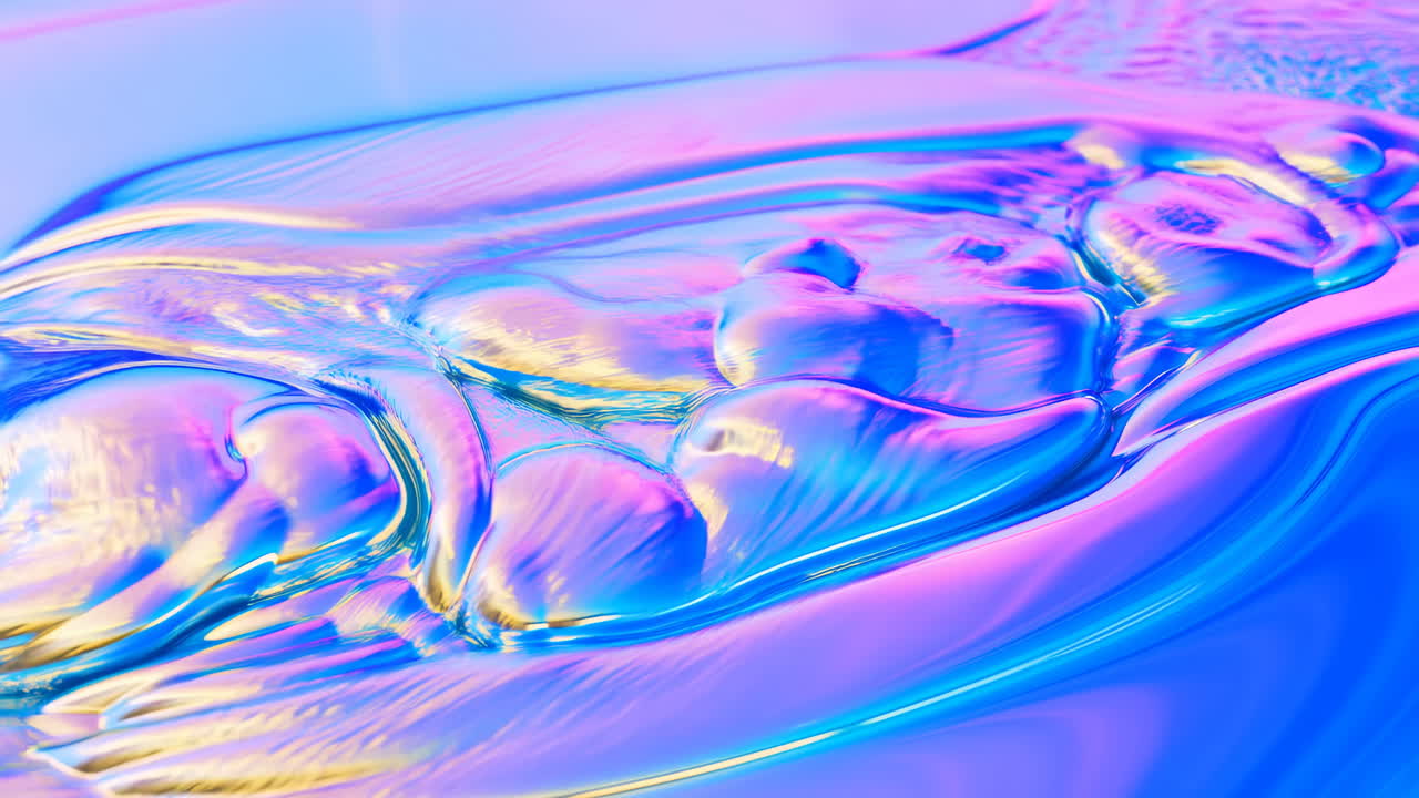 Superficie liquida iridescente dinamica che scorre con colori neon vibranti.