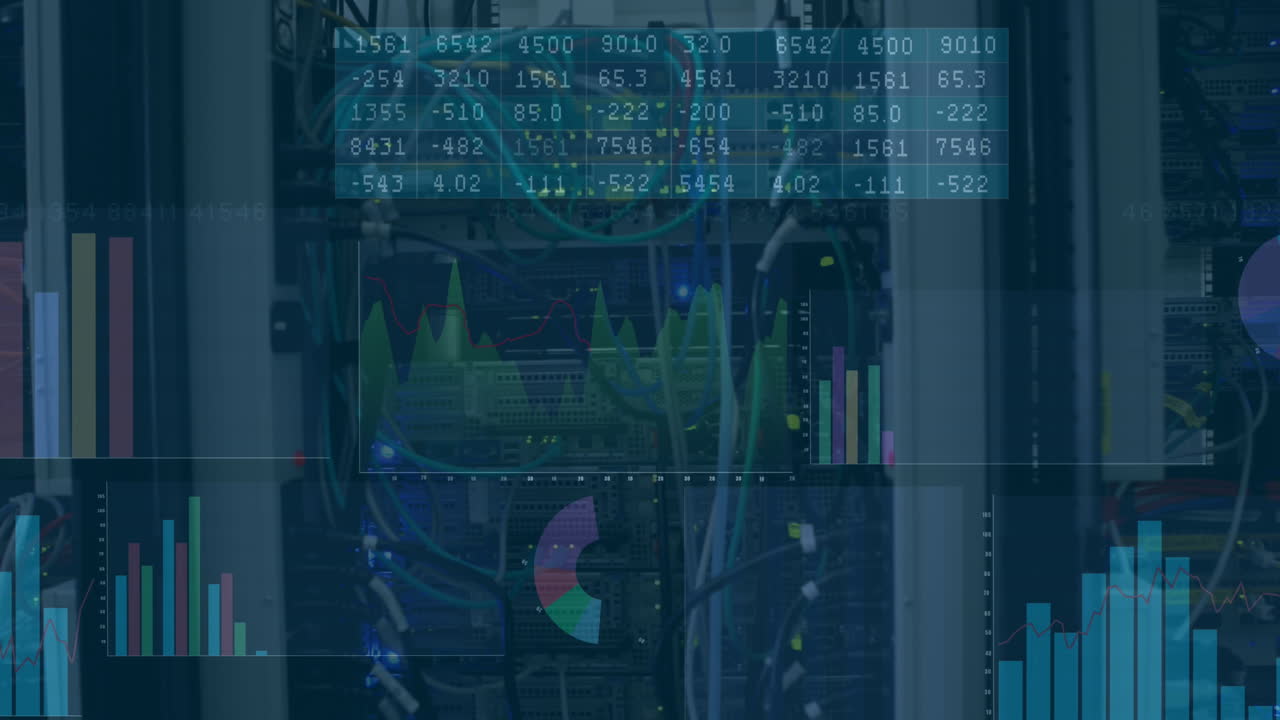 Animation of financial data processing over server room