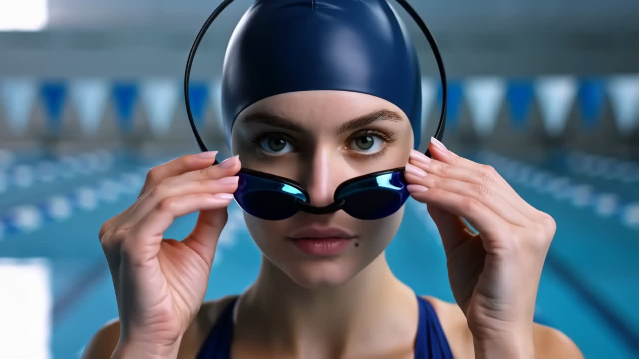 Female Swimmer Adjusting Goggles in Pool