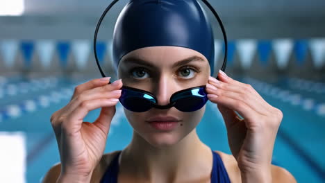 female swimmer adjusting goggles in pool