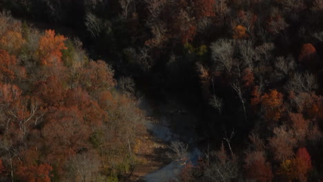 Colorido-Bosque-Otoñal-Y-Río-En-Arkansas,-Estados-Unidos---Toma-Aérea