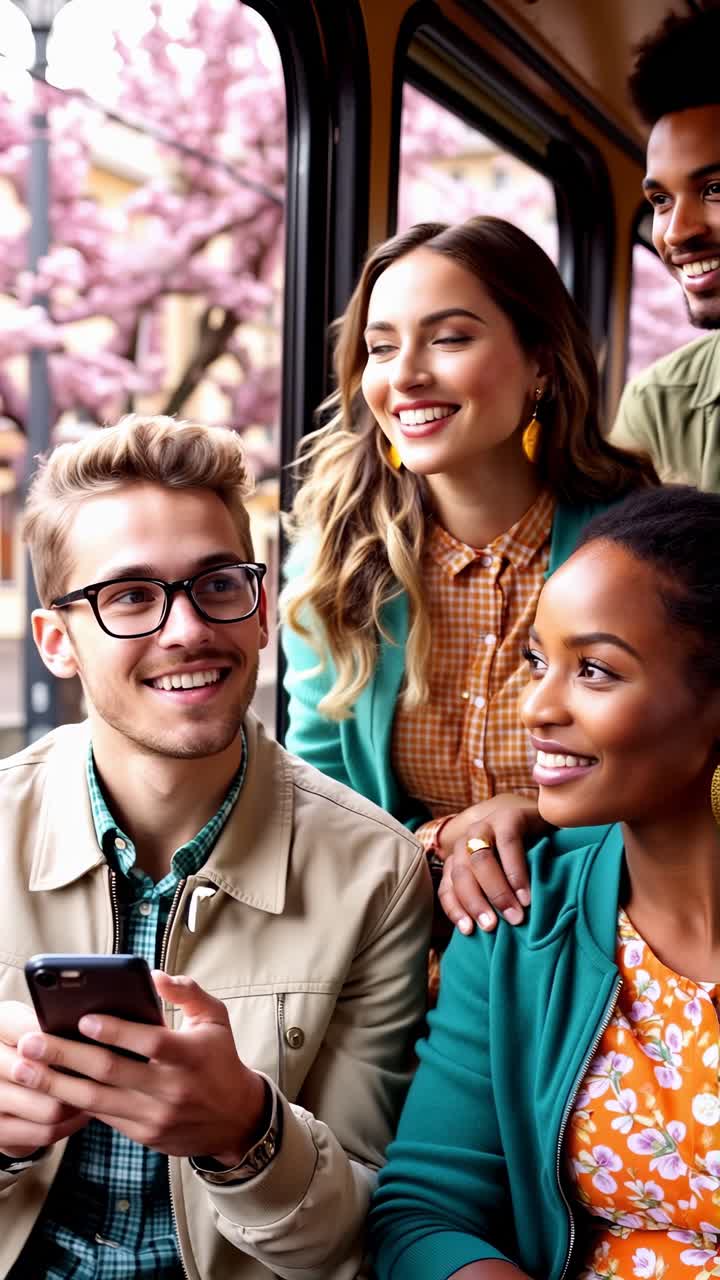 Diverse group of young people traveling by tram during spring.