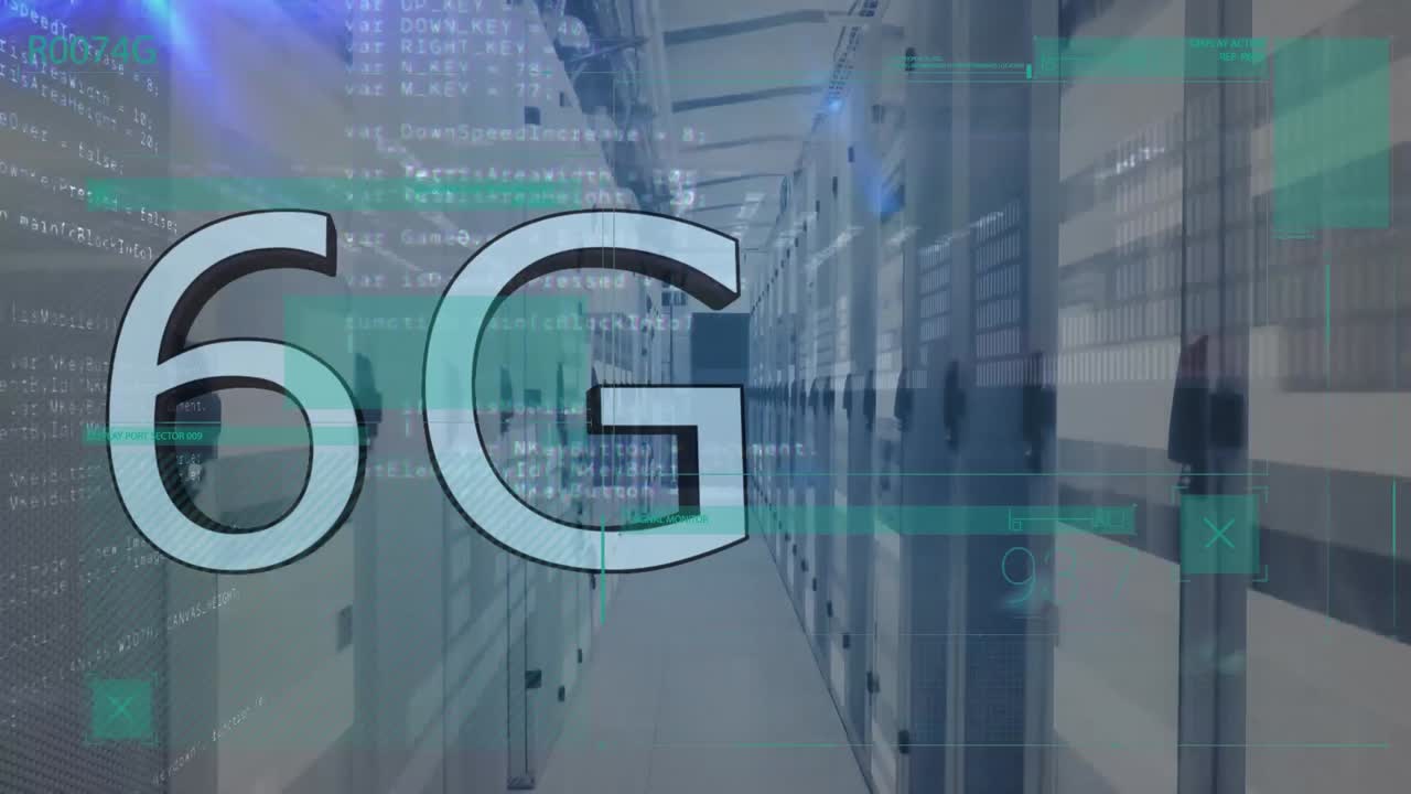 animazione di testo 6g, elaborazione dei dati su server informatici