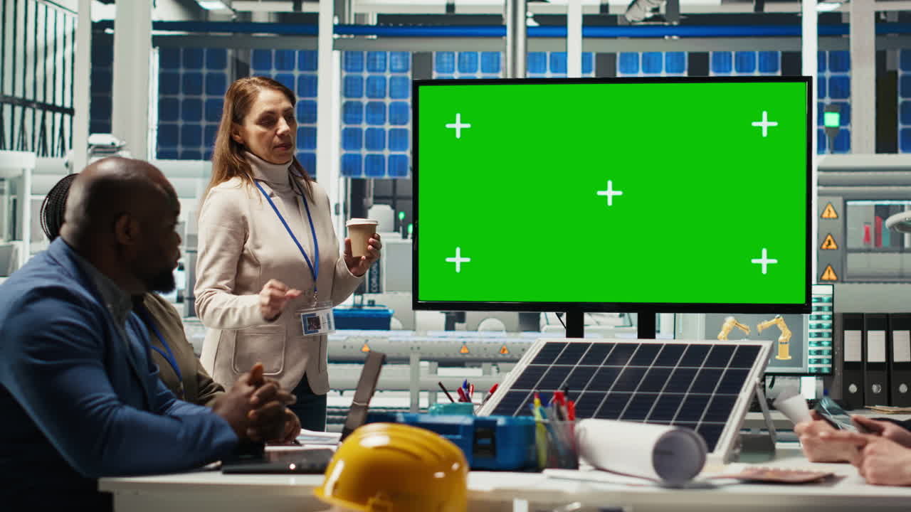Photovoltaics Plant Researchers Doing Meeting, Looking At Chroma Key Monitor
