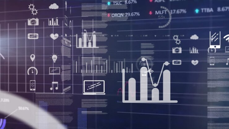 Animation of communication and media icons over charts and graphs processing data