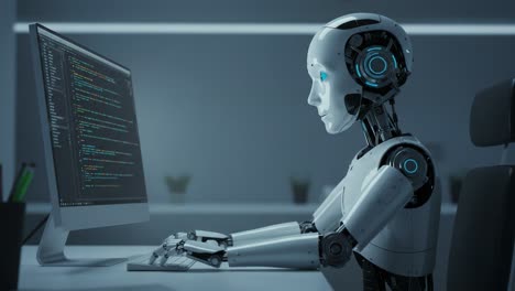 a futuristic robot diligently working on programming code while seated at a modern workstation, showcasing advanced technology and artificial intelligence in action